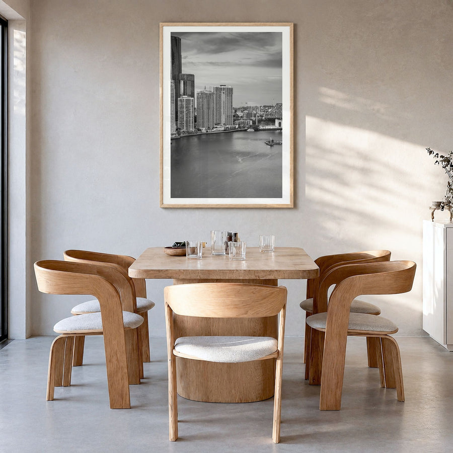 Brisbane Photo No 2 Poster in a natural wood frame, hanging in a dining room, white border