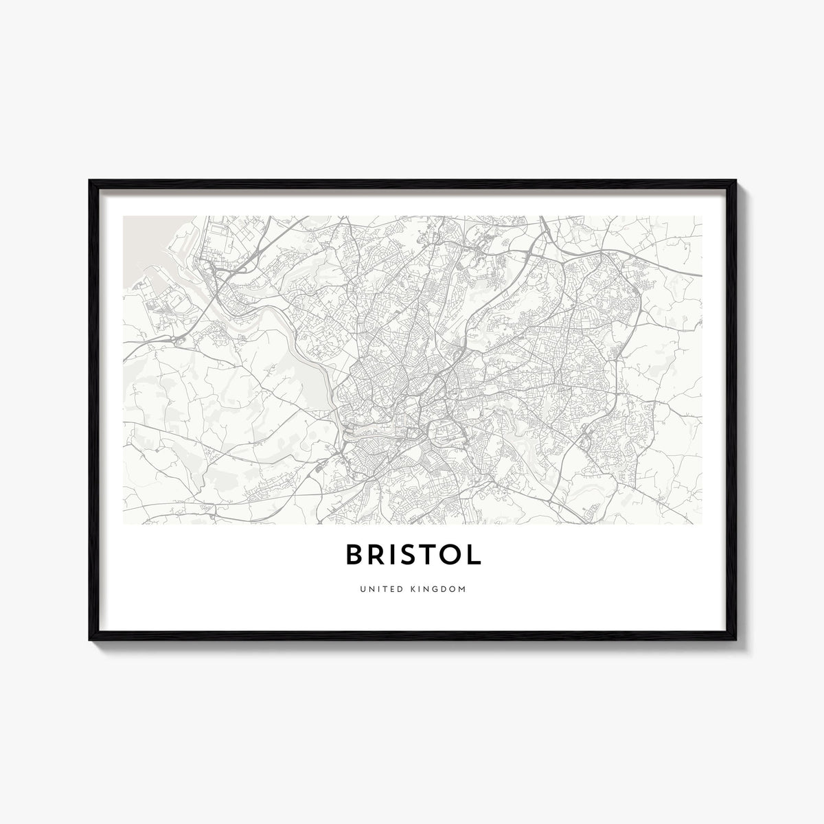 Bristol black & white map poster of England, UK – horizontal wall art, unframed print shown in interior mockup