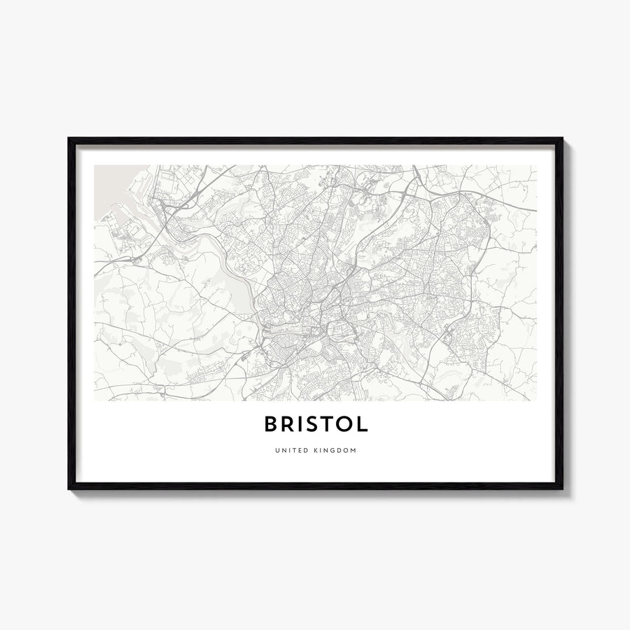 Bristol black & white map poster of England, UK – horizontal wall art, unframed print shown in interior mockup