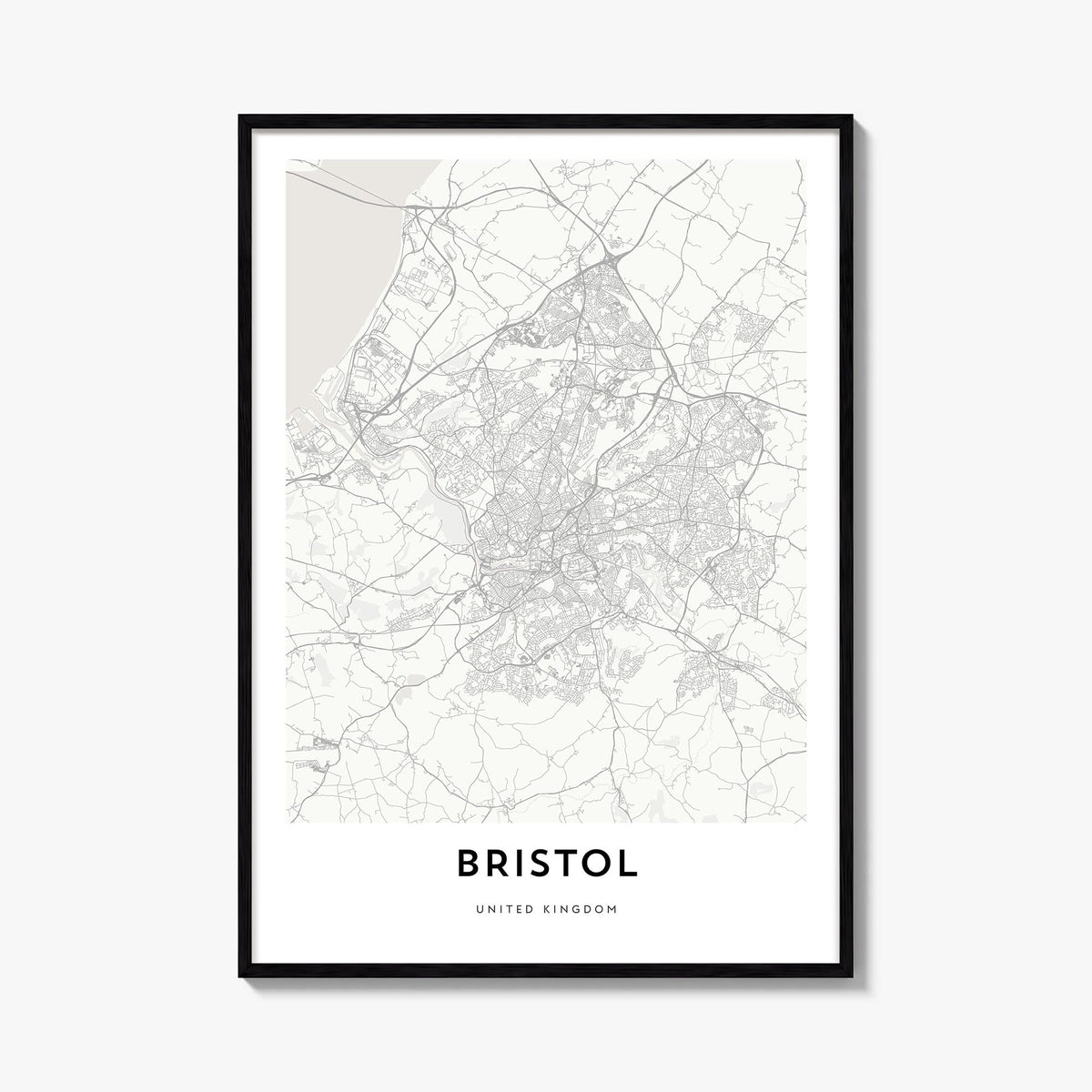 Bristol black & white map poster of England, UK – vertical wall art, unframed print shown in interior mockup
