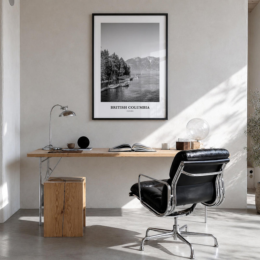 British Columbia black & white classic poster of Canada – vertical wall art in black wood frame, hanging on wall