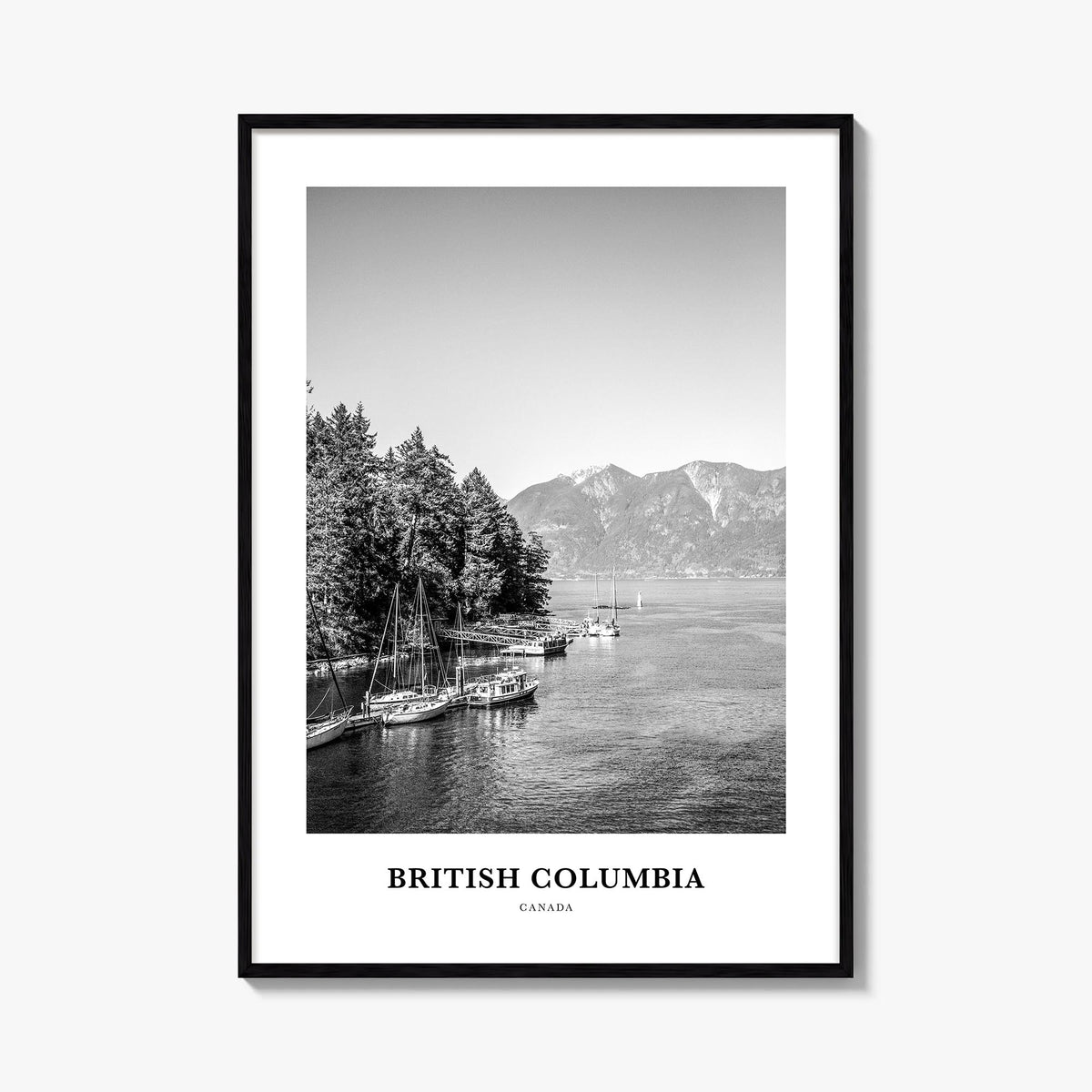 British Columbia black & white classic poster of Canada – vertical wall art, unframed print shown in interior mockup
