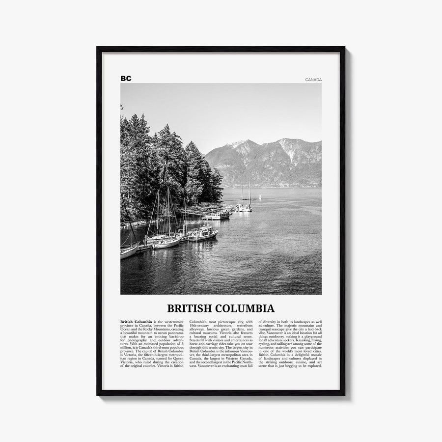 British Columbia black & white newspaper poster of Canada – vertical wall art, unframed print shown in interior mockup