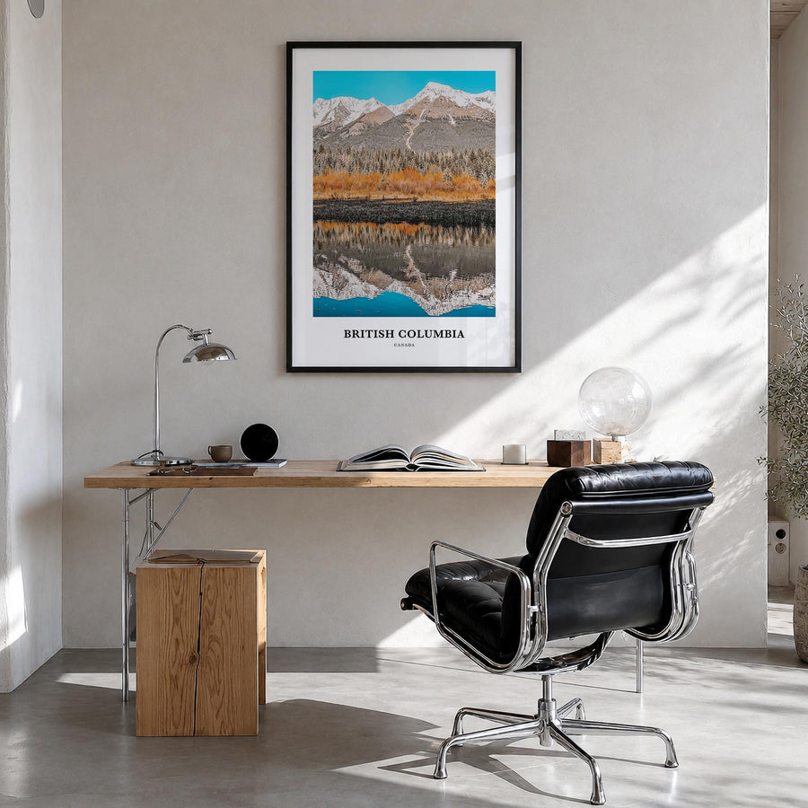 British Columbia colorful classic poster of Canada – vertical wall art in black wood frame, hanging on wall