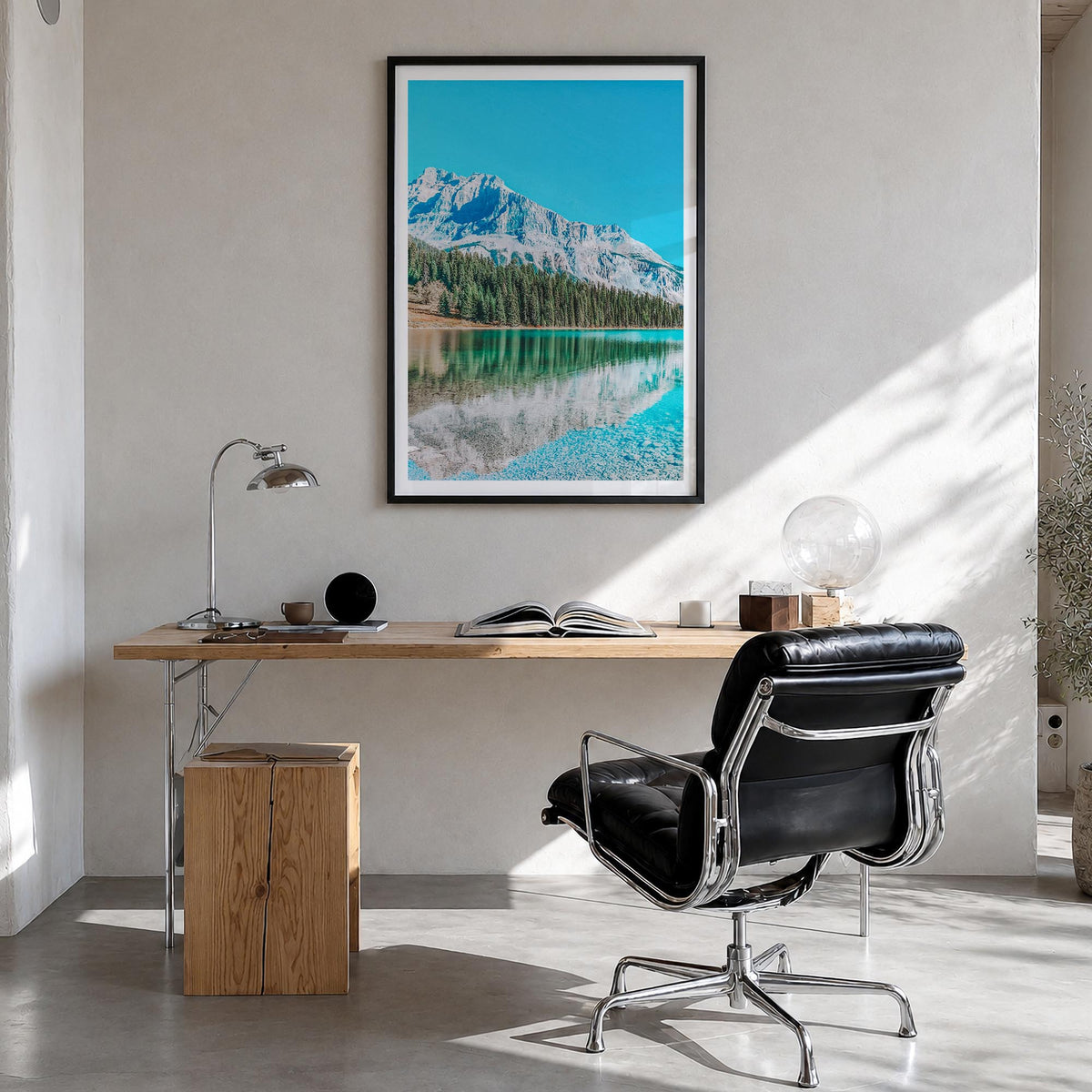 British Columbia colorful photo poster of Canada – vertical wall art in black wood frame with white border, hanging on wall