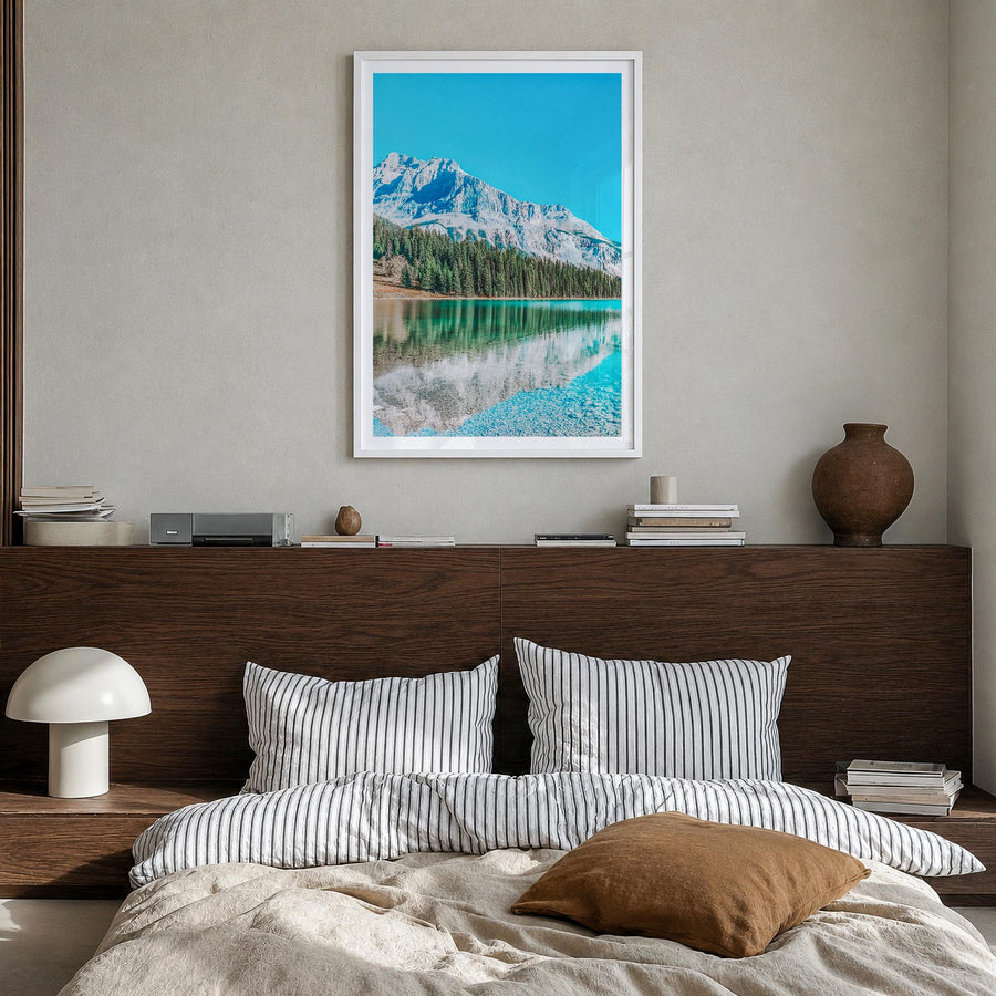 British Columbia colorful photo poster of Canada – vertical wall art in white wood frame with white border, hanging on wall