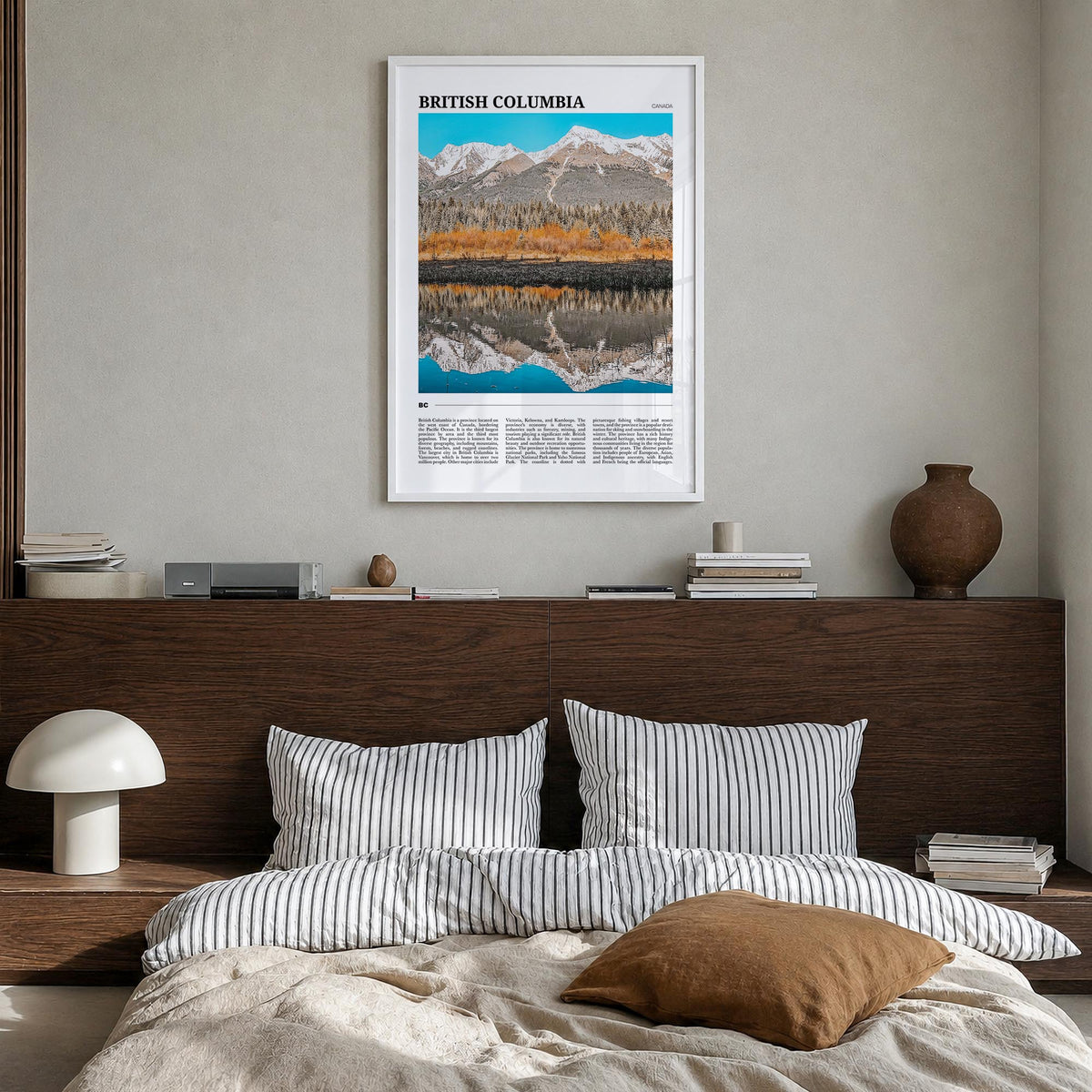 British Columbia colorful travel poster of Canada – vertical wall art in white wood frame, hanging on wall