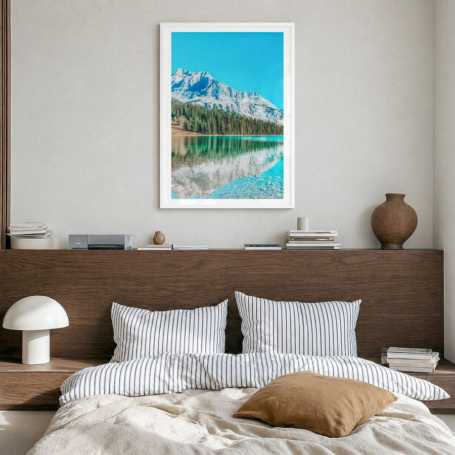 British Columbia Photo Poster in a white wood frame, hanging in a bedroom, white border