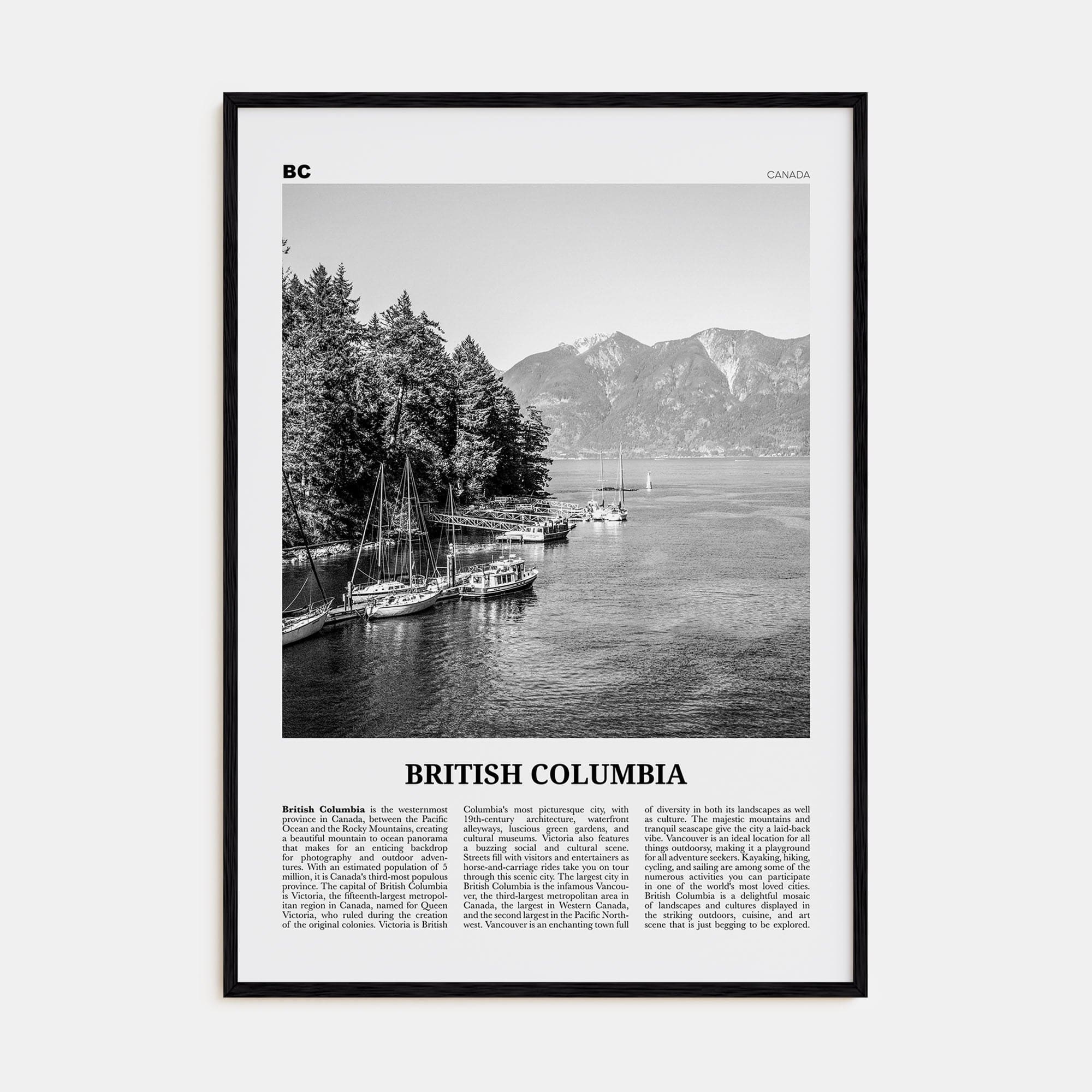 British Columbia Poster Black Wood / 8x12 in Nbourhood Travel B&W Poster