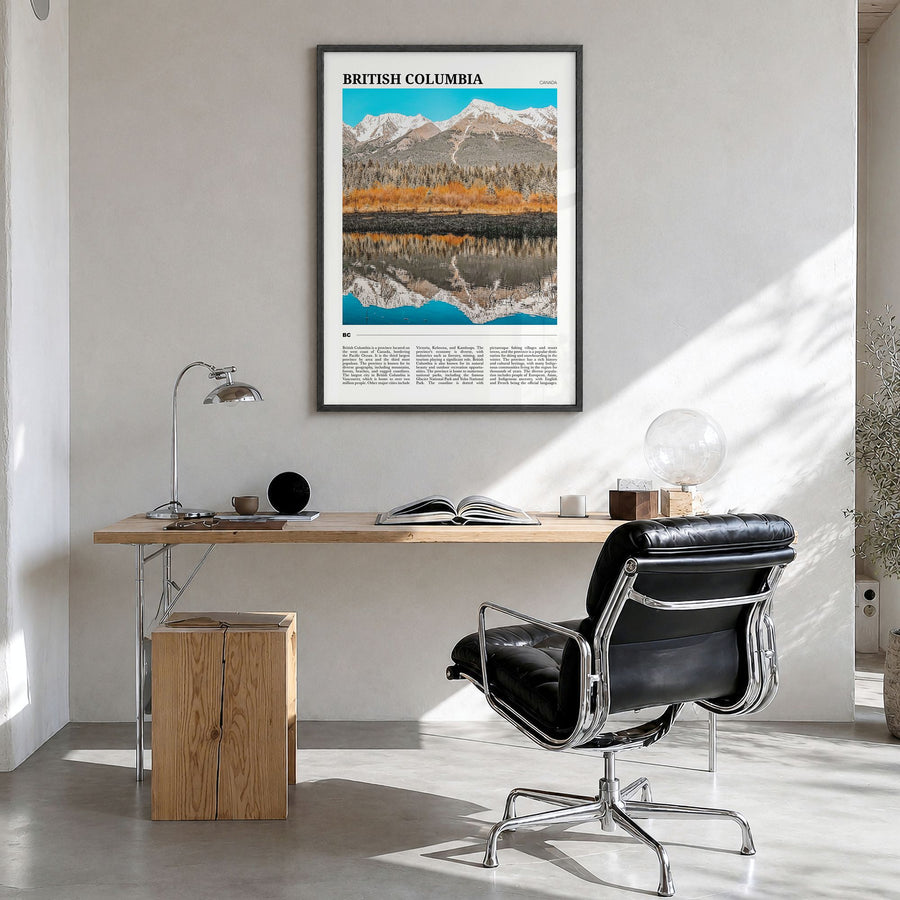 British Columbia Travel Poster in a black wood frame, hanging in a bright home office