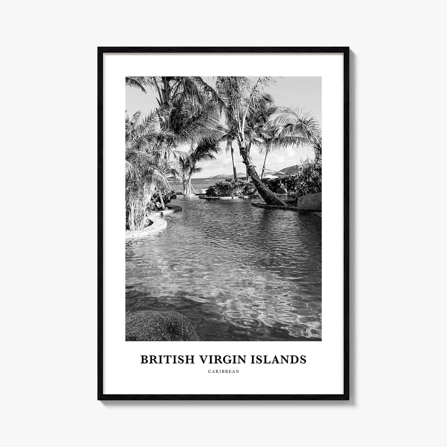 British Virgin Islands black & white classic poster of Caribbean – vertical wall art, unframed print shown in interior mockup