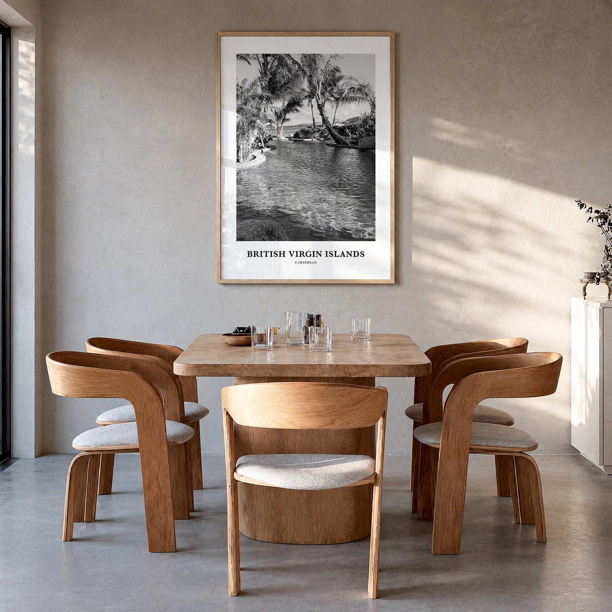 British Virgin Islands black & white classic poster of Caribbean – vertical wall art in natural wood frame, hanging on wall