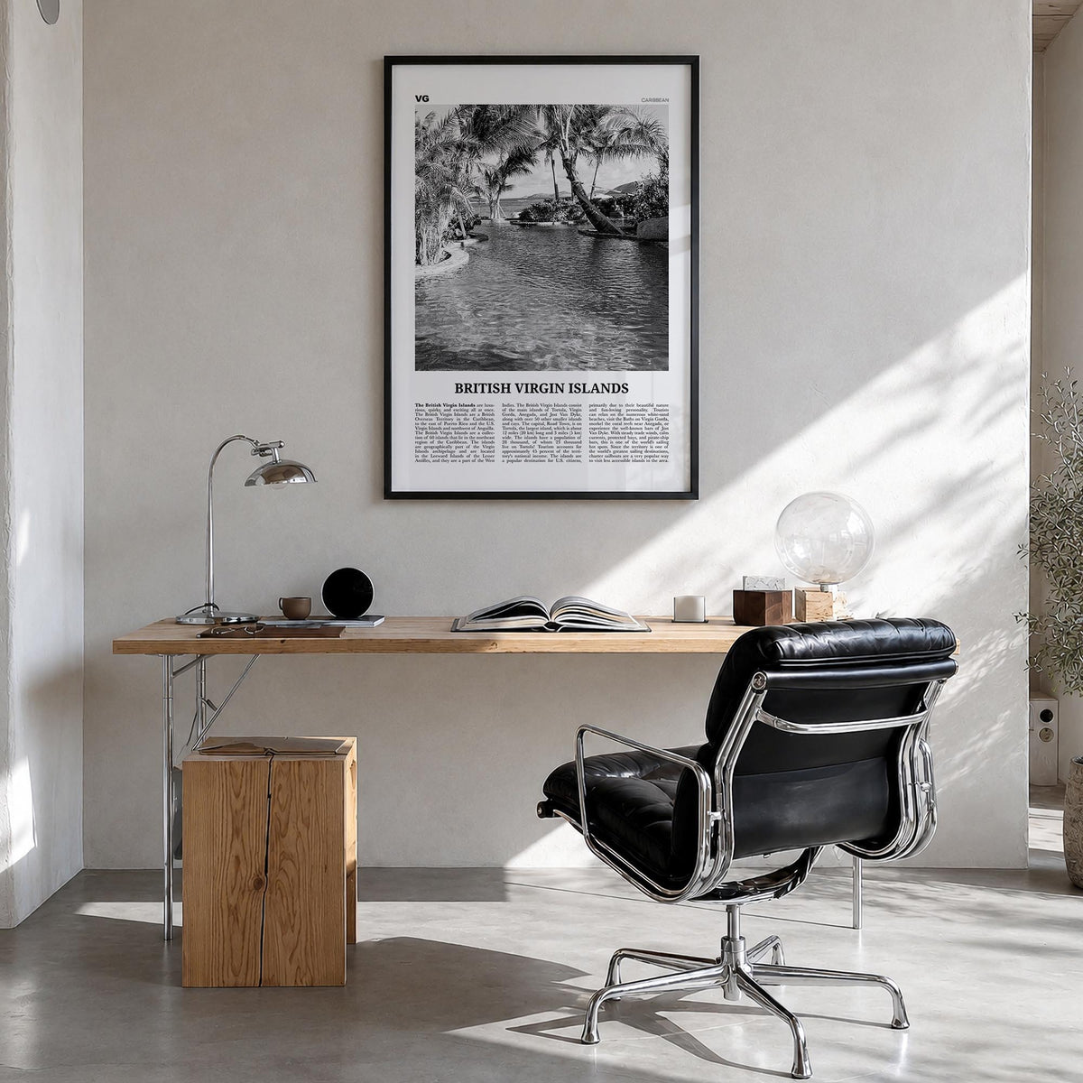 British Virgin Islands black & white newspaper poster of Caribbean – vertical wall art in black wood frame, hanging on wall