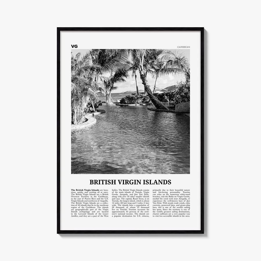 British Virgin Islands black & white newspaper poster of Caribbean – vertical wall art, unframed print shown in interior mock