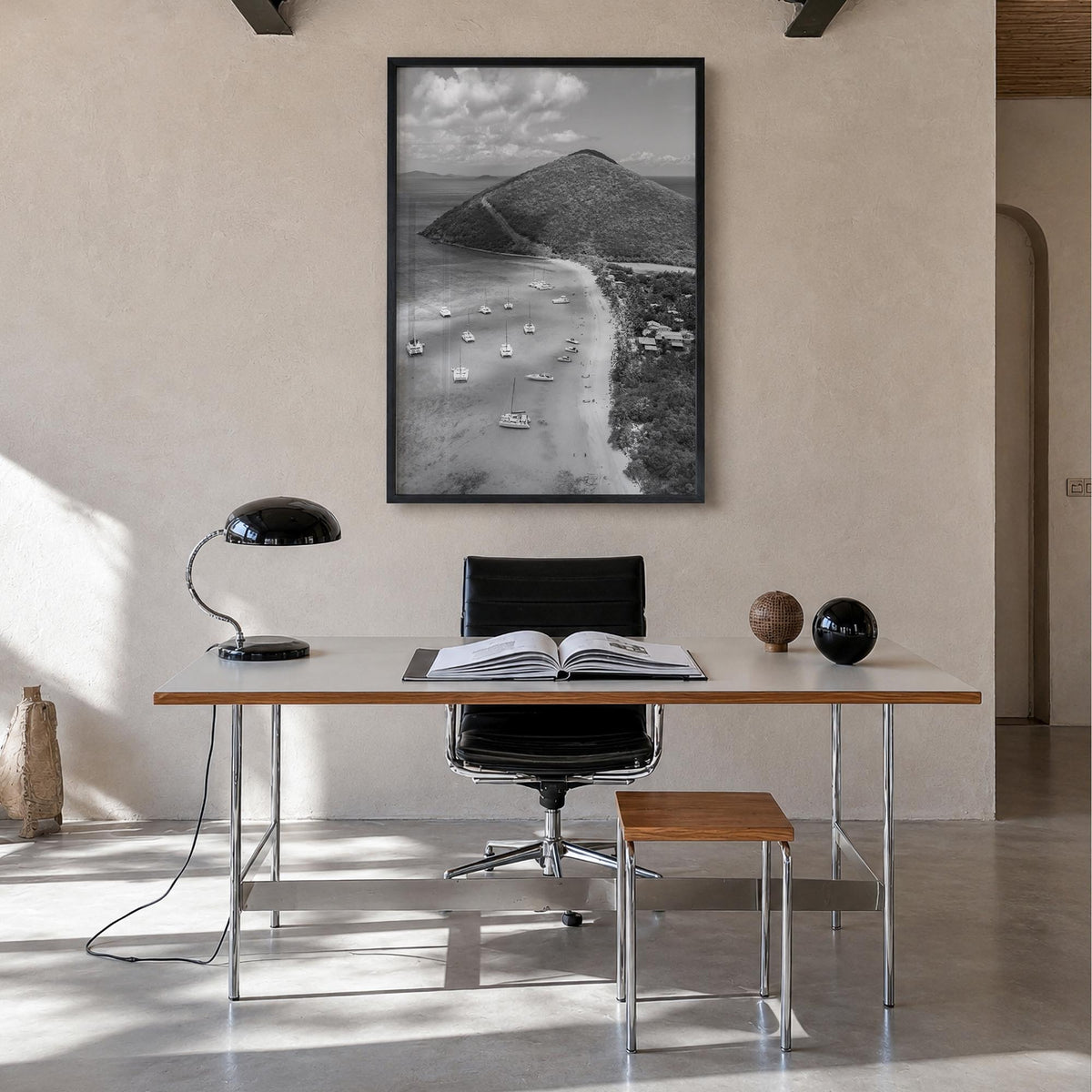 British Virgin Islands black & white photo poster of Caribbean – vertical wall art in black wood frame, hanging on wall