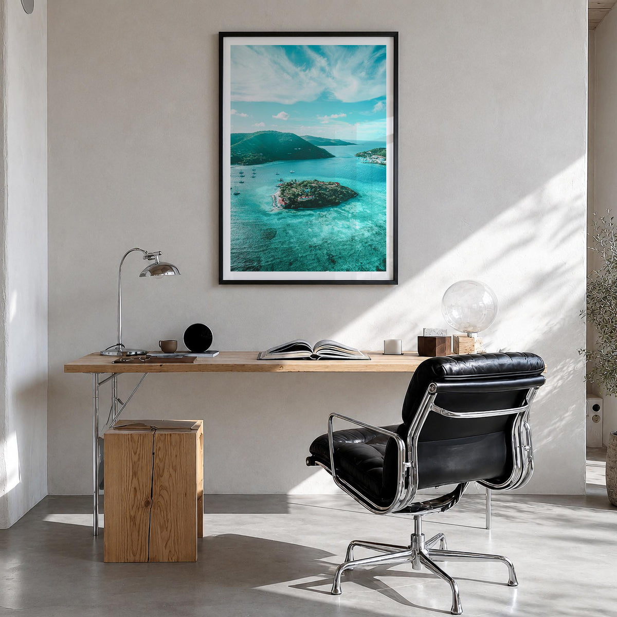 British Virgin Islands colorful photo poster of Caribbean – vertical wall art in black wood frame with white border, hanging 