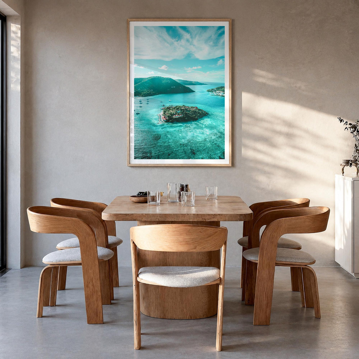 British Virgin Islands colorful photo poster of Caribbean – vertical wall art in natural wood frame with white border, hangin