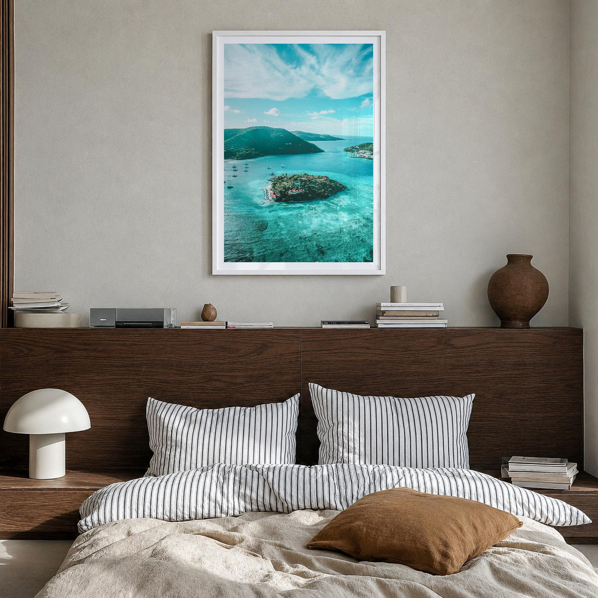 British Virgin Islands colorful photo poster of Caribbean – vertical wall art in white wood frame with white border, hanging 