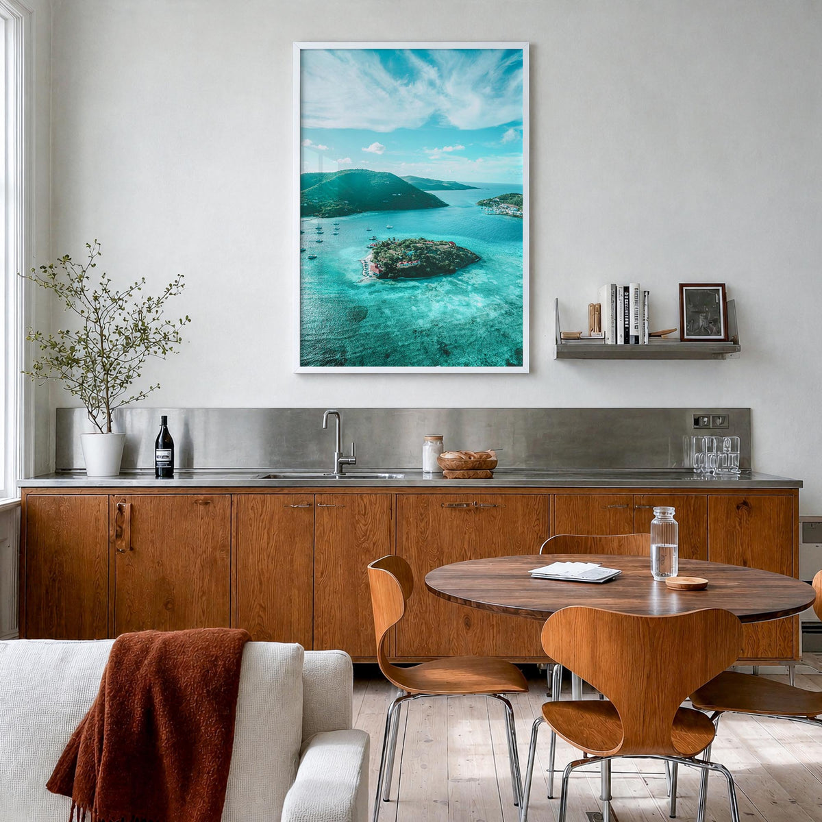 British Virgin Islands colorful photo poster of Caribbean – vertical wall art in white wood frame, hanging on wall