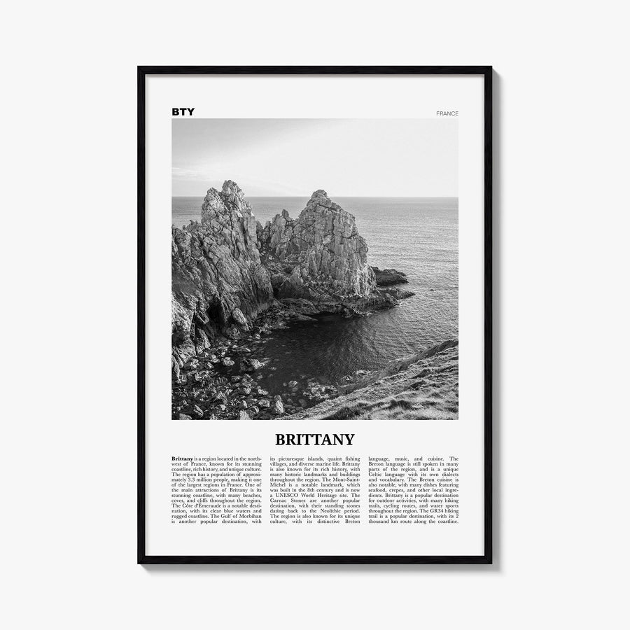 Brittany black & white newspaper poster of France – vertical wall art, unframed print shown in interior mockup