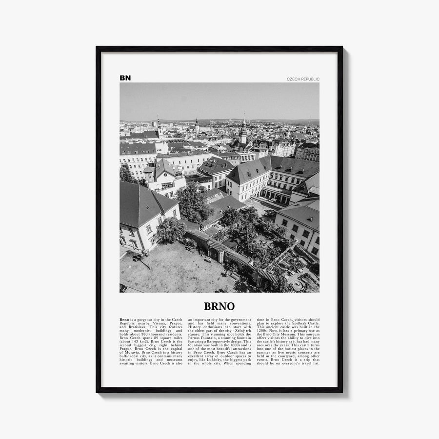 Brno black & white newspaper poster of Czechia – vertical wall art, unframed print shown in interior mockup