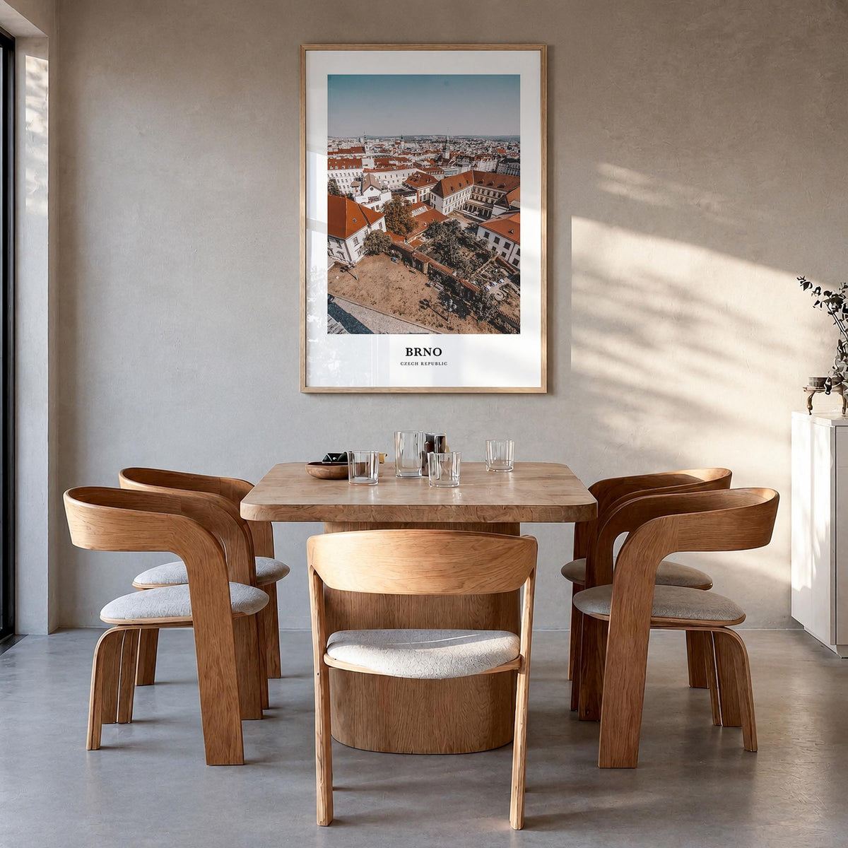 Brno colorful classic poster of Czechia – vertical wall art in natural wood frame, hanging on wall