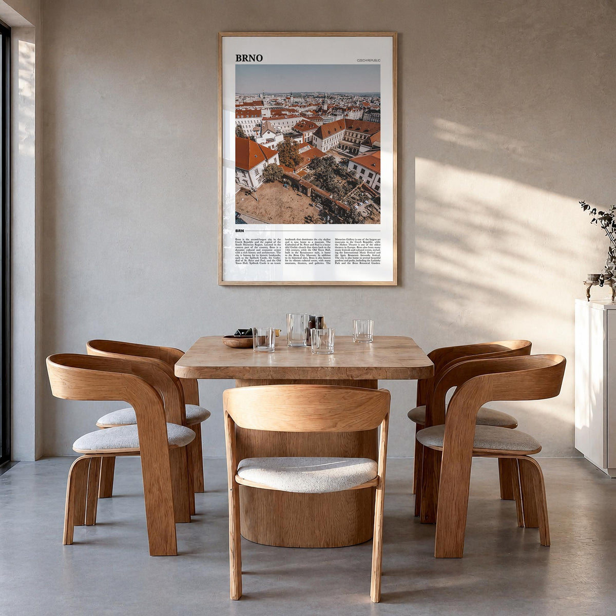 Brno colorful travel poster of Czechia – vertical wall art in natural wood frame, hanging on wall
