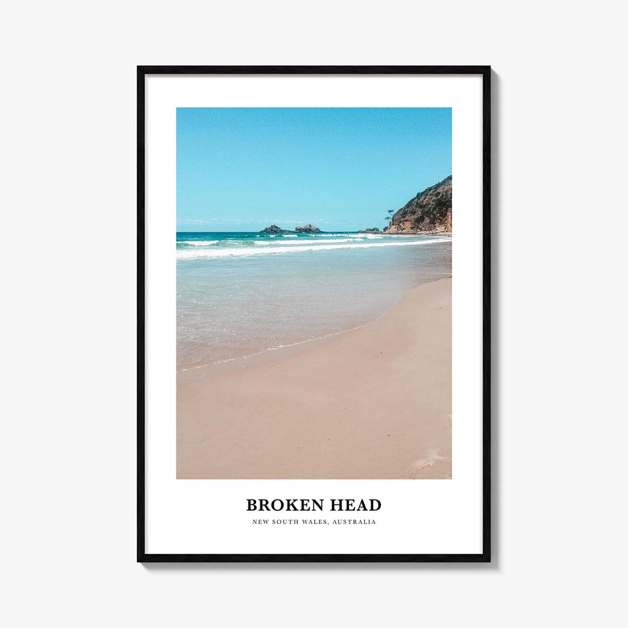 Broken Head colorful classic poster of Australia – vertical wall art, unframed print shown in interior mockup