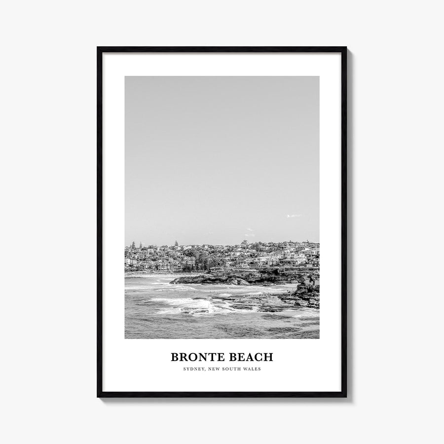 Bronte Beach black & white classic poster of Sydney, New South Wales – vertical wall art, unframed print shown in interior mo