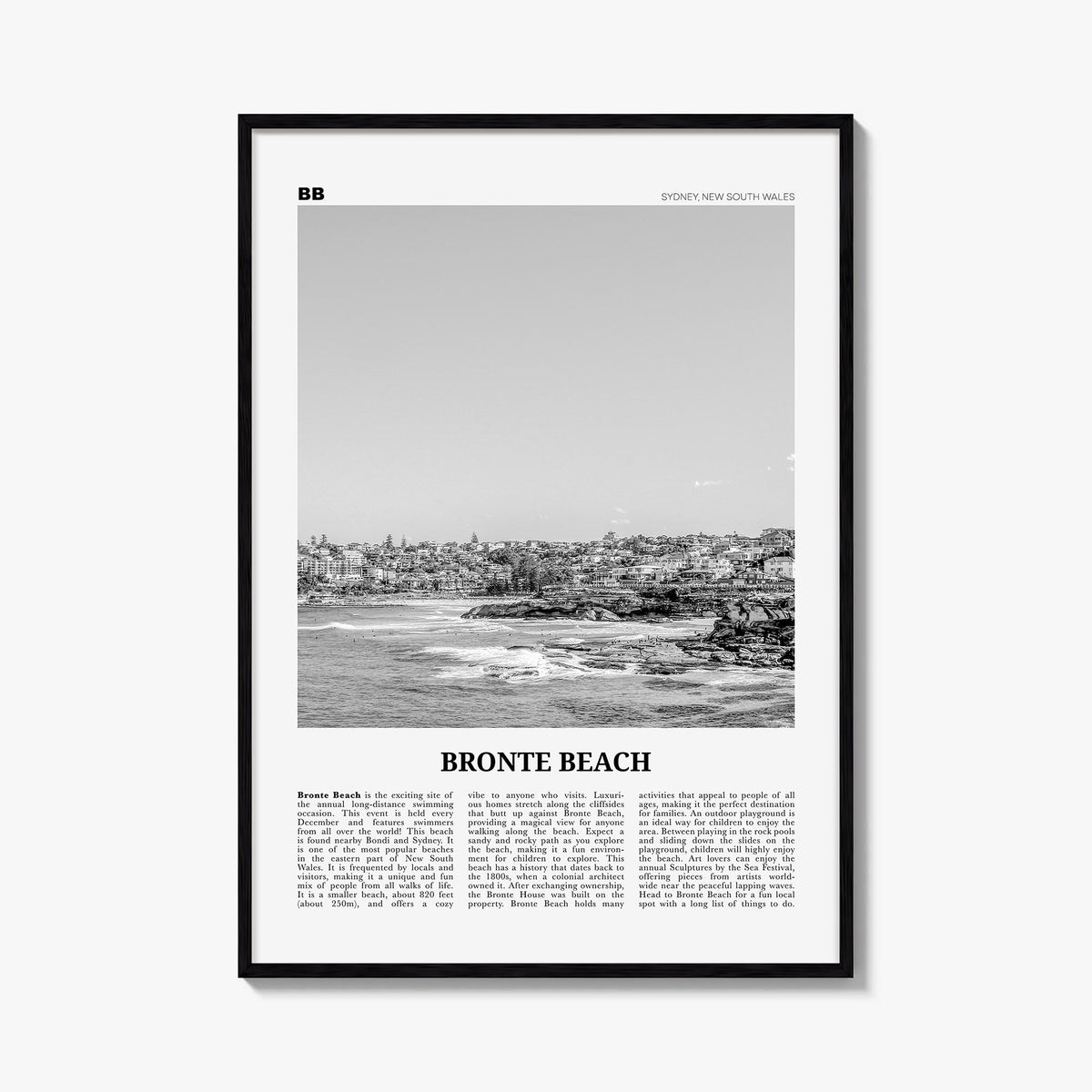 Bronte Beach black & white newspaper poster of Sydney, New South Wales – vertical wall art, unframed print shown in interior 