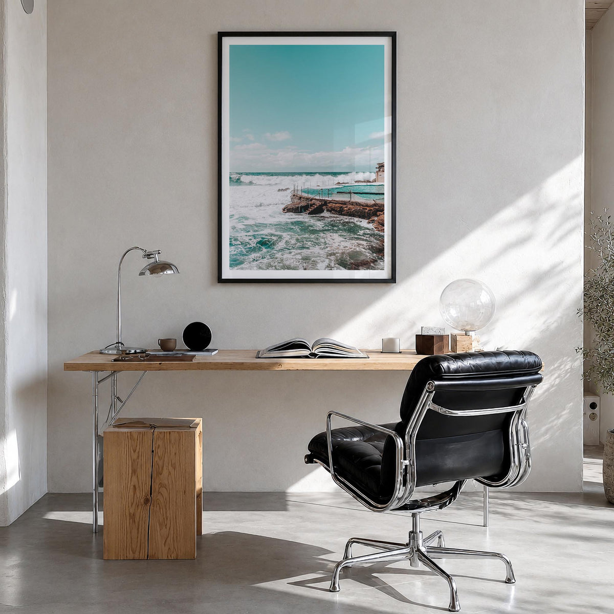 Bronte Beach colorful photo poster of Australia – vertical wall art in black wood frame with white border, hanging on wall