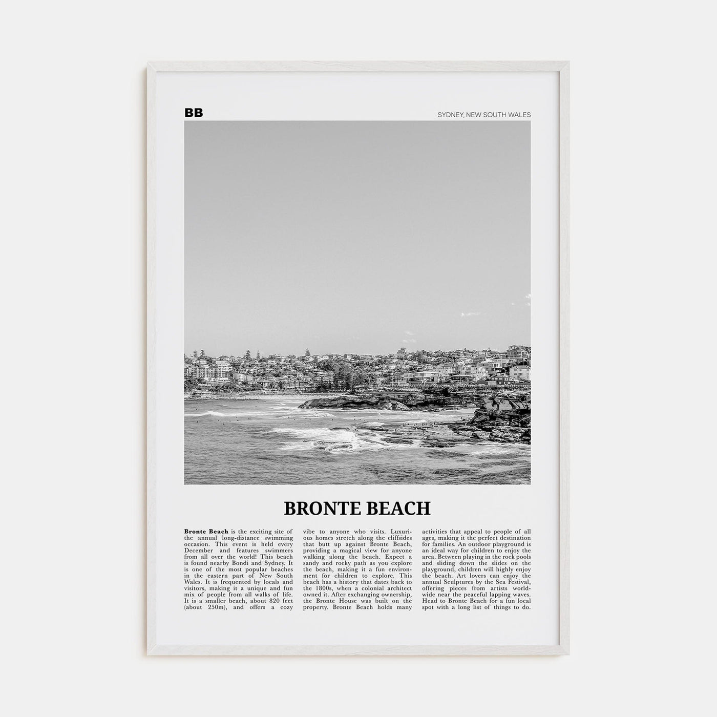 Bronte Beach Poster White Wood / 8x12 in Nbourhood Travel B&W Poster