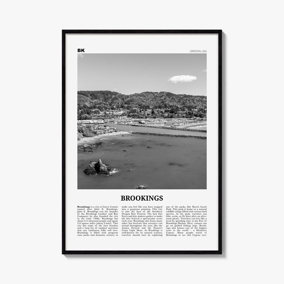 Brookings black & white newspaper poster of Oregon, USA – vertical wall art, unframed print shown in interior mockup