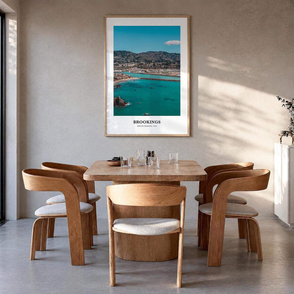 Brookings colorful classic poster of Oregon, USA – vertical wall art in natural wood frame, hanging on wall