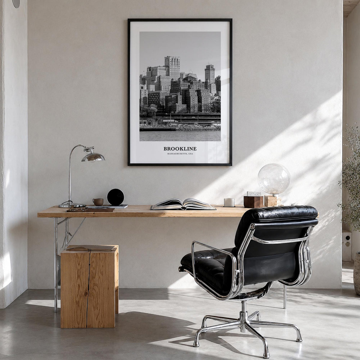 Brookline black & white classic poster of Massachusetts, USA – vertical wall art in black wood frame, hanging on wall