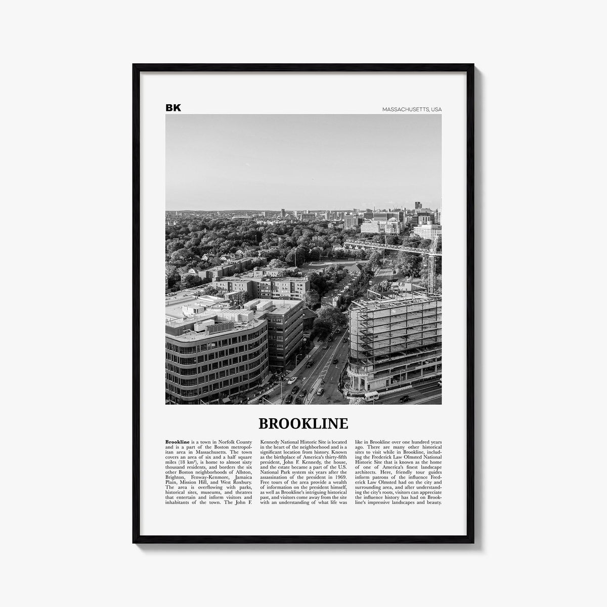 Brookline black & white newspaper poster of Massachusetts, USA – vertical wall art, unframed print shown in interior mockup