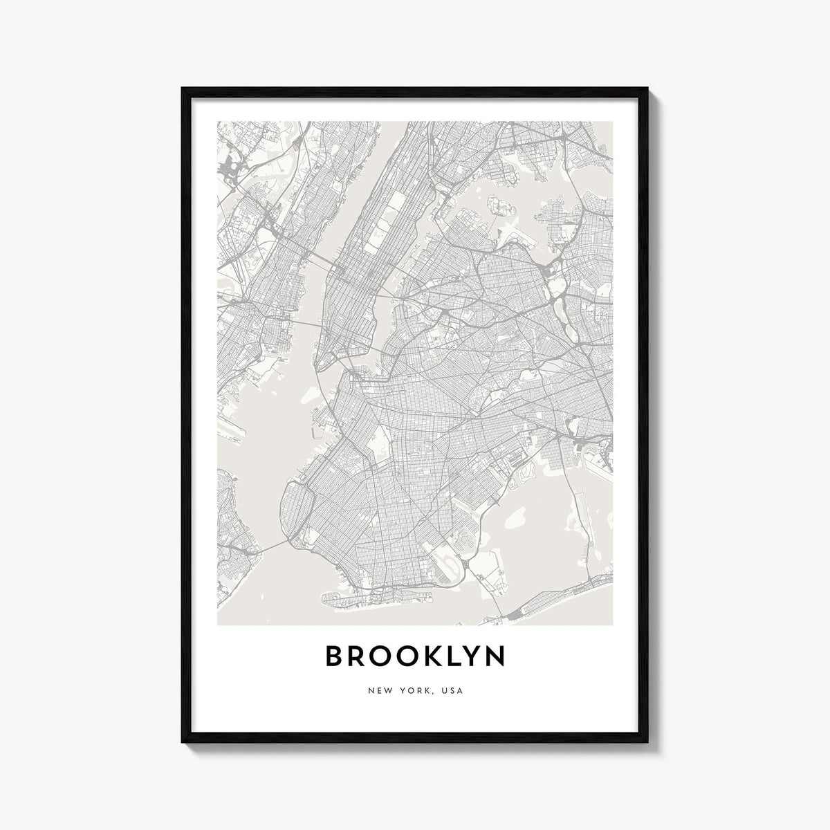 Brooklyn black & white map poster of New York City, New York – vertical wall art, unframed print shown in interior mockup