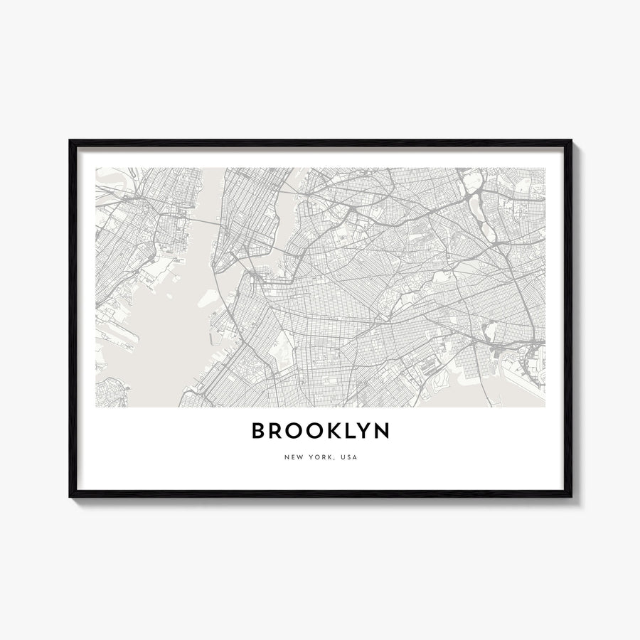 Brooklyn black & white map poster of New York City, New York – horizontal wall art, unframed print shown in interior mockup