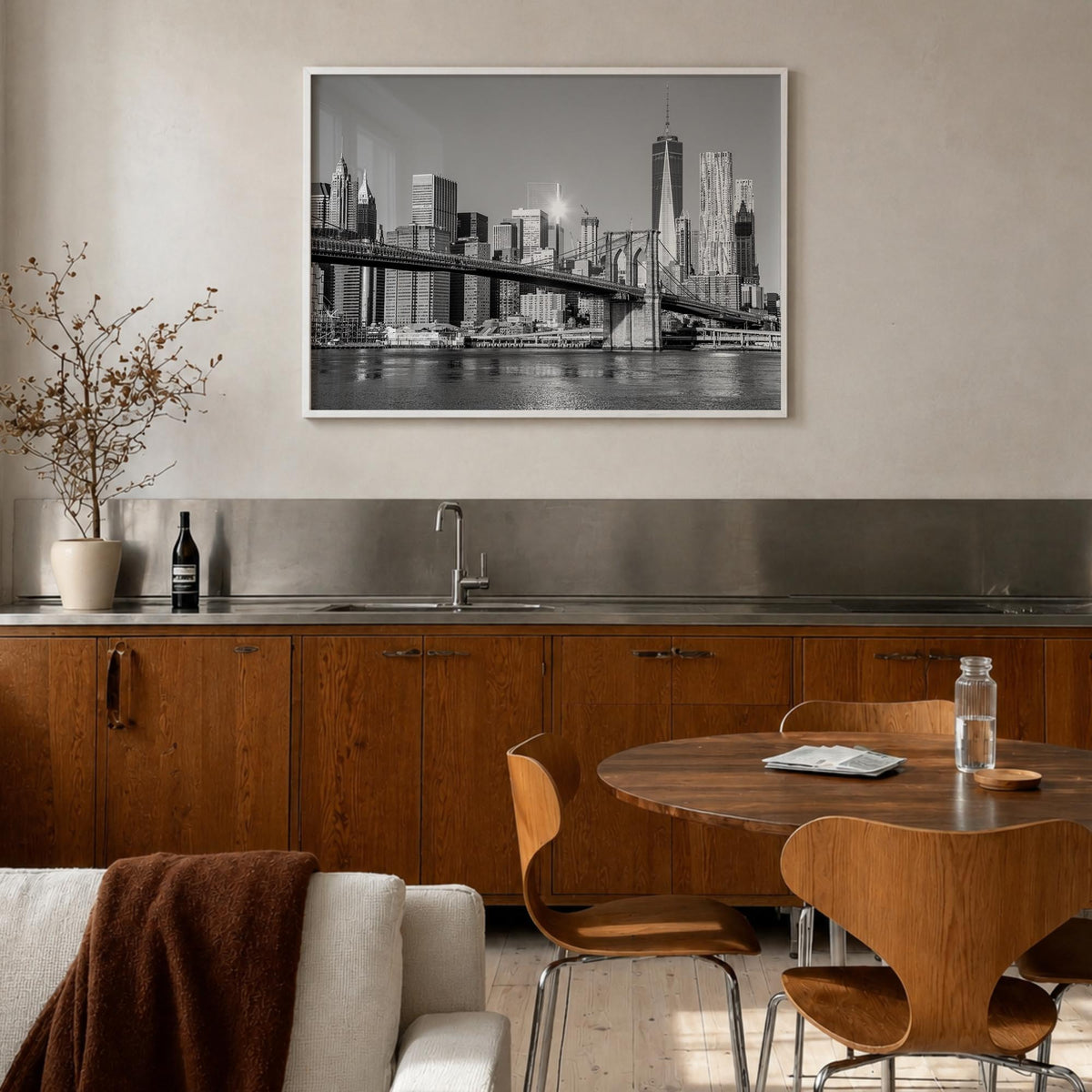 Brooklyn black & white photo poster of New York City, New York – horizontal wall art in white wood frame, hanging on wall