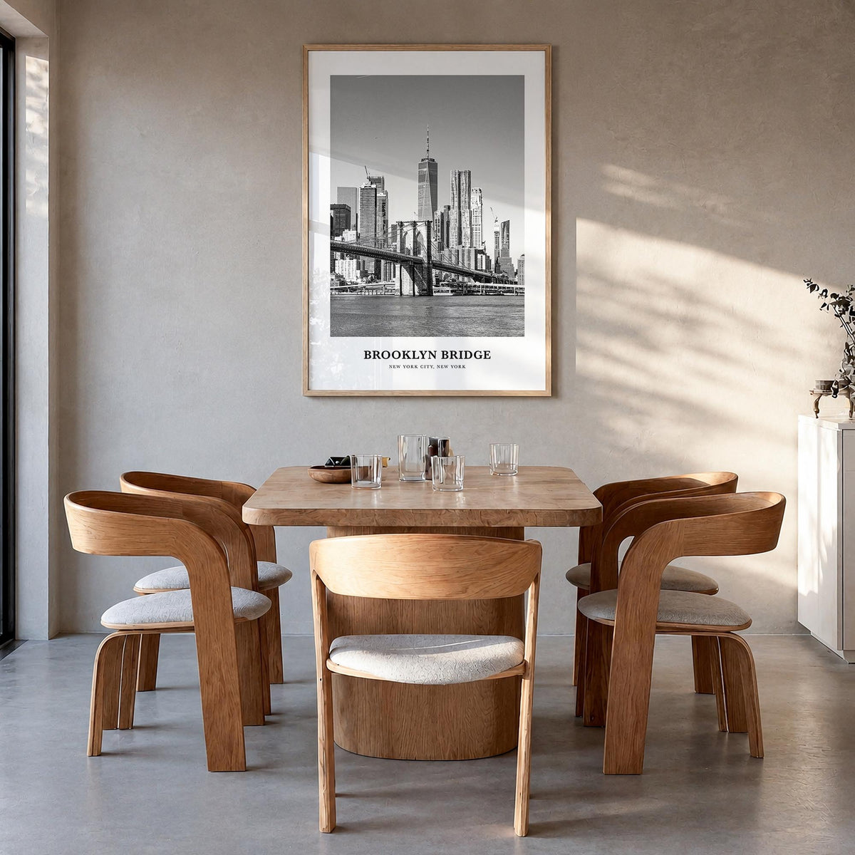 Brooklyn Bridge black & white classic poster of New York City, New York – vertical wall art in natural wood frame, hanging on