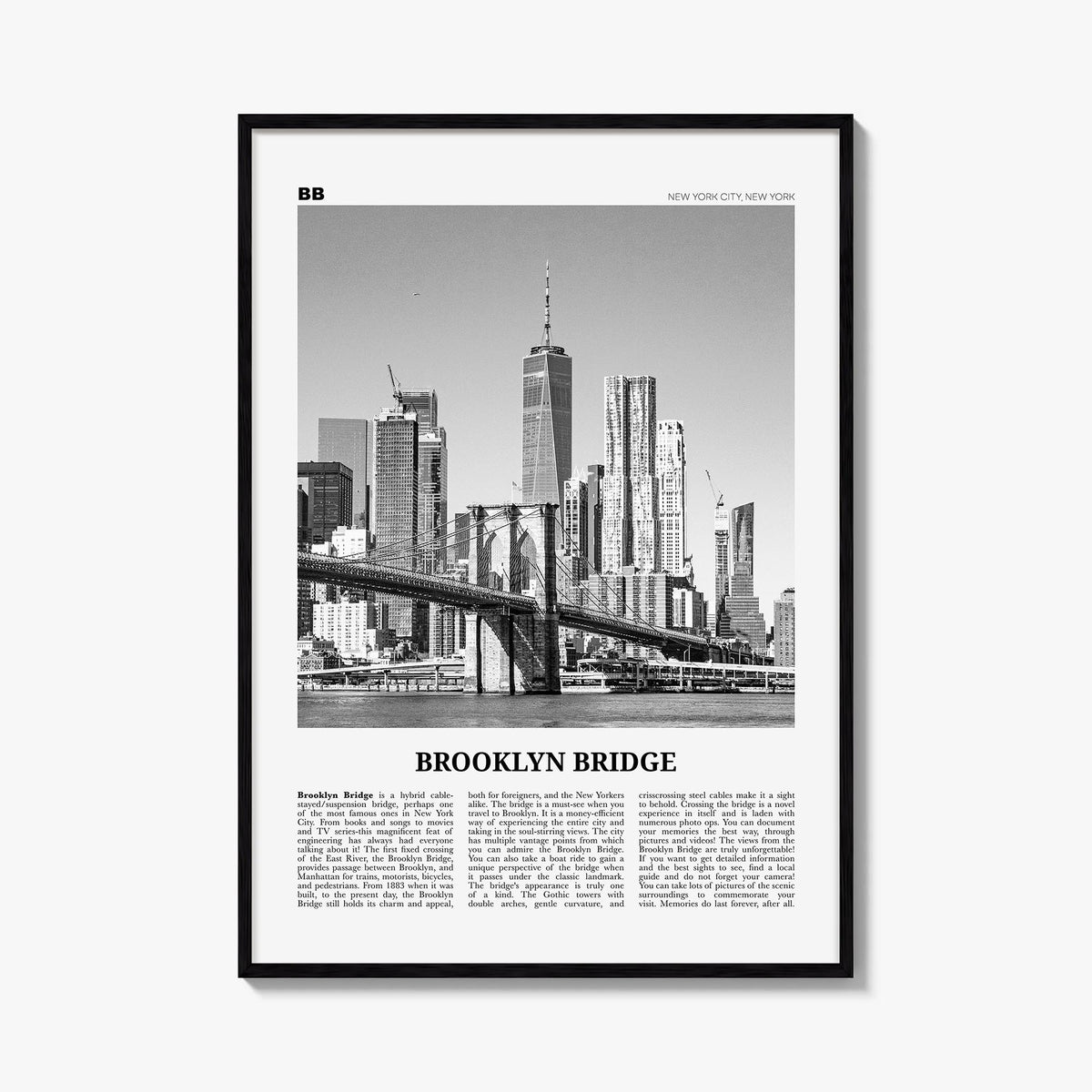Brooklyn Bridge black & white newspaper poster of New York City, New York – vertical wall art, unframed print shown in interi