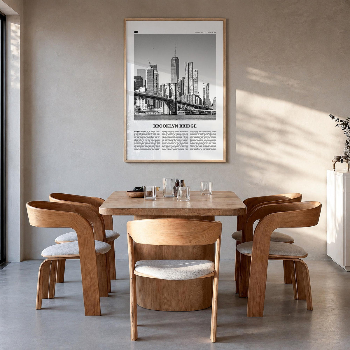 Brooklyn Bridge black & white newspaper poster of New York City, New York – vertical wall art in natural wood frame, hanging 