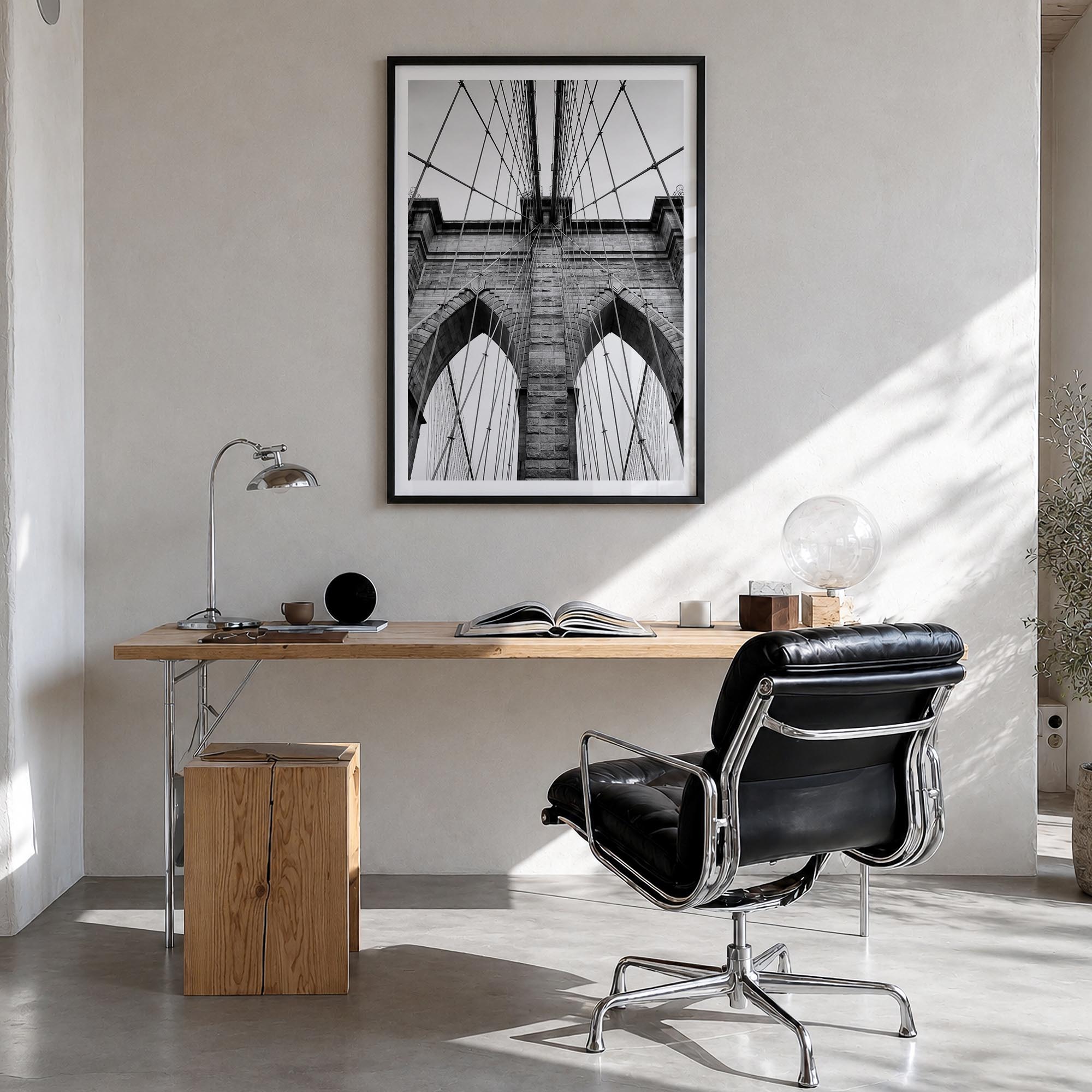 Brooklyn Bridge black & white photo poster of New York City, New York – vertical wall art in black wood frame with white bord