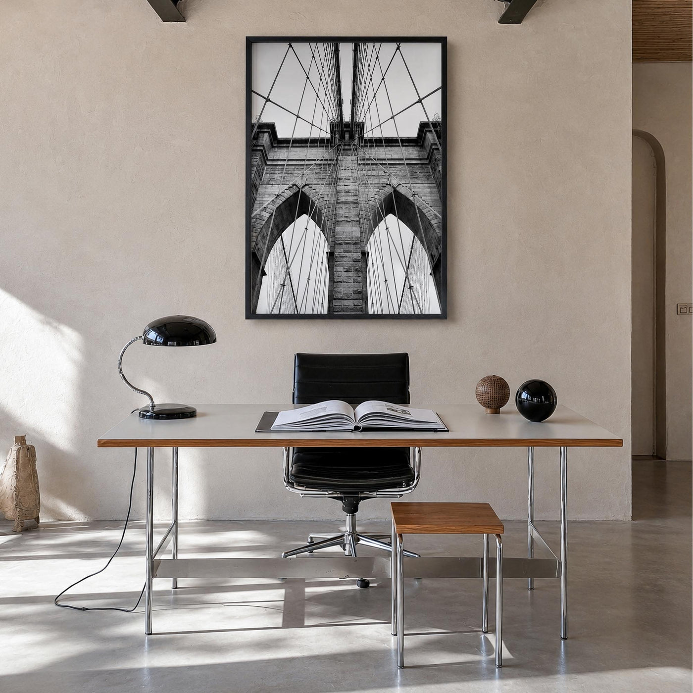 Brooklyn Bridge black & white photo poster of New York City, New York – vertical wall art in black wood frame, hanging on wal