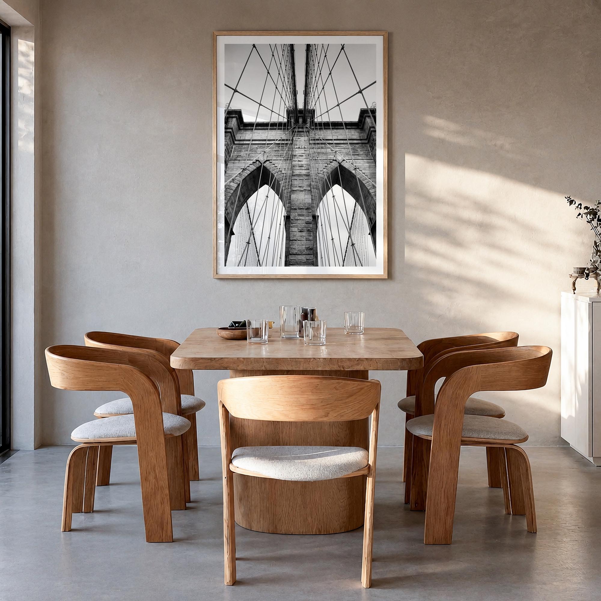 Brooklyn Bridge black & white photo poster of New York City, New York – vertical wall art in natural wood frame with white bo