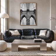 Brooklyn Bridge black & white photo poster of New York City, New York – vertical wall art in natural wood frame, hanging on w