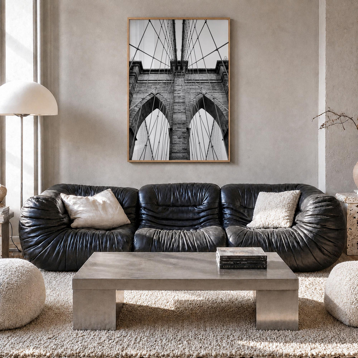 Brooklyn Bridge black & white photo poster of New York City, New York – vertical wall art in natural wood frame, hanging on w