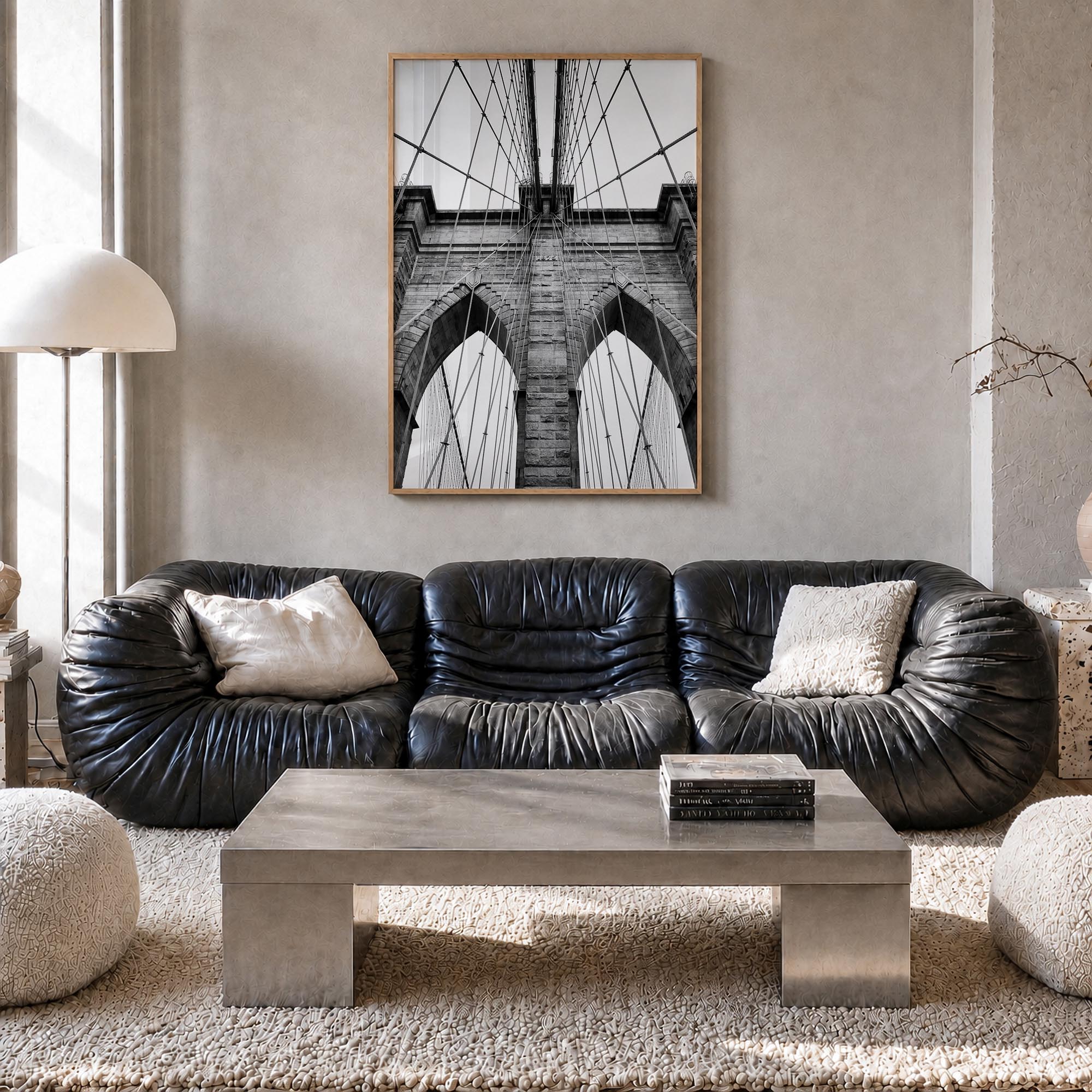 Brooklyn Bridge black & white photo poster of New York City, New York – vertical wall art in natural wood frame, hanging on w