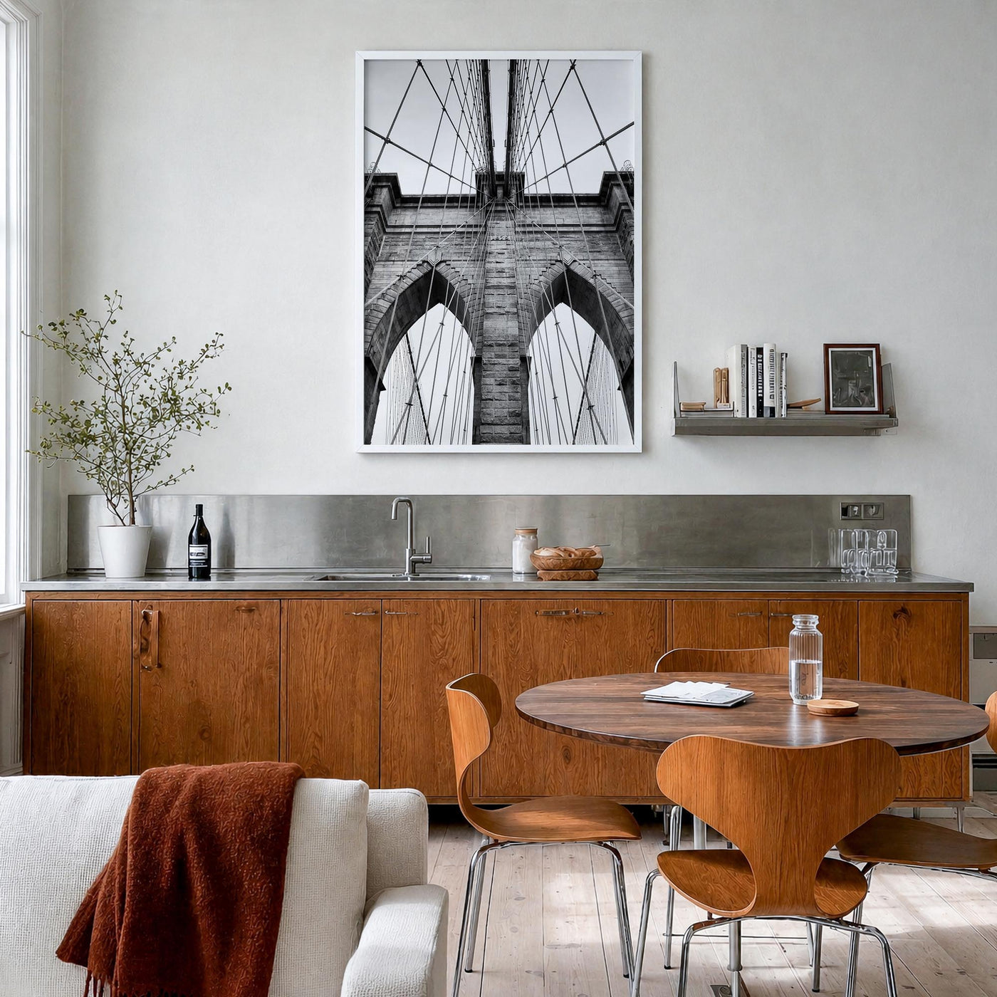 Brooklyn Bridge black & white photo poster of New York City, New York – vertical wall art in white wood frame, hanging on wal