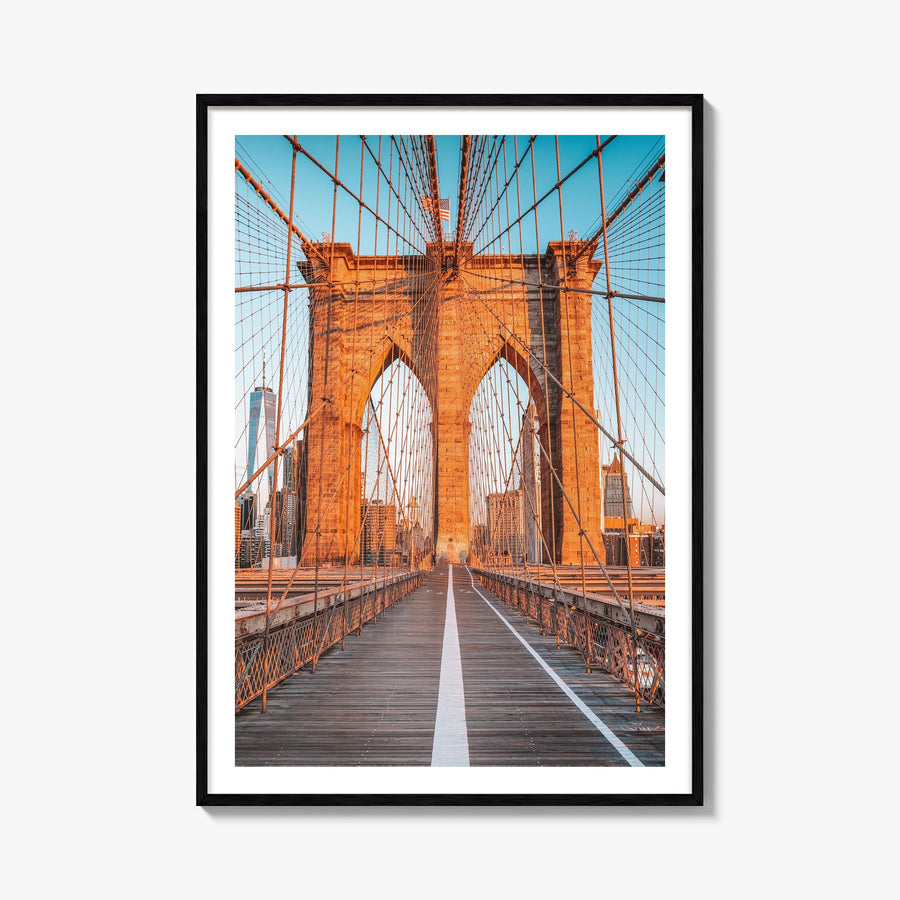Brooklyn Bridge no. 1 colorful photo poster of New York City, New York – vertical wall art, unframed print shown in interior 